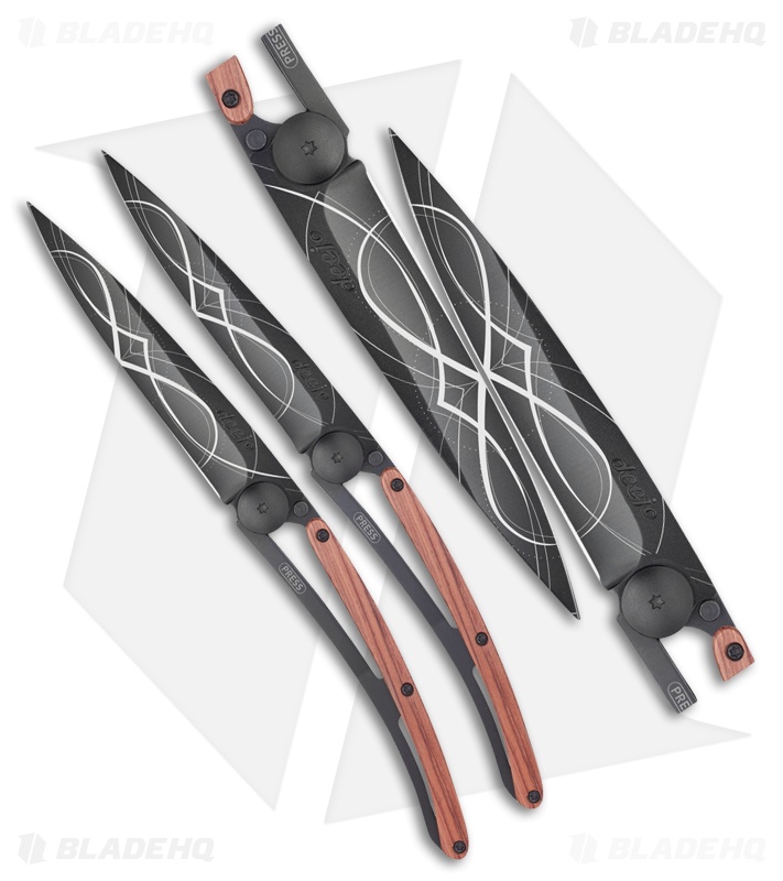 Deejo Duo Infinity 37g Ultra-Light Frame Lock Knife Set Coral Wood (3.75" Black)