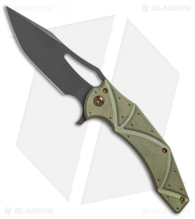 Ferrum Forge Gavko Spinner Flipper Knife Green Atlantian Plates Ti (3.5" Black)