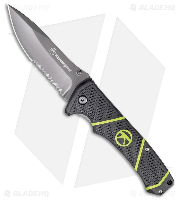 Kilimanjaro Kibo Folding Knife Black/Green Nylon (3.5" Gray Serr) 910092