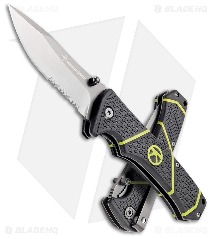 Kilimanjaro Kibo Folding Knife Black/Green Nylon (3" Gray Serr) 910093