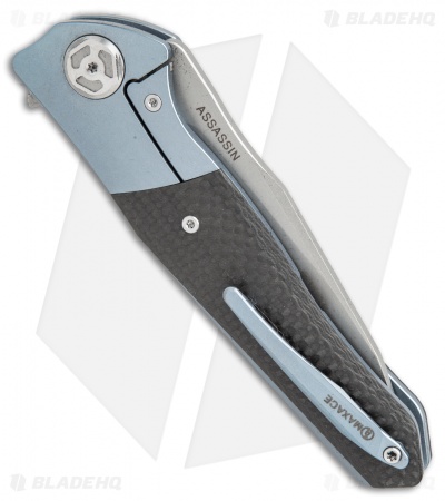 Maxace Dwemer Assassin Wharncliffe LL Knife CF/Blue Ti (3.8" Stonewash)