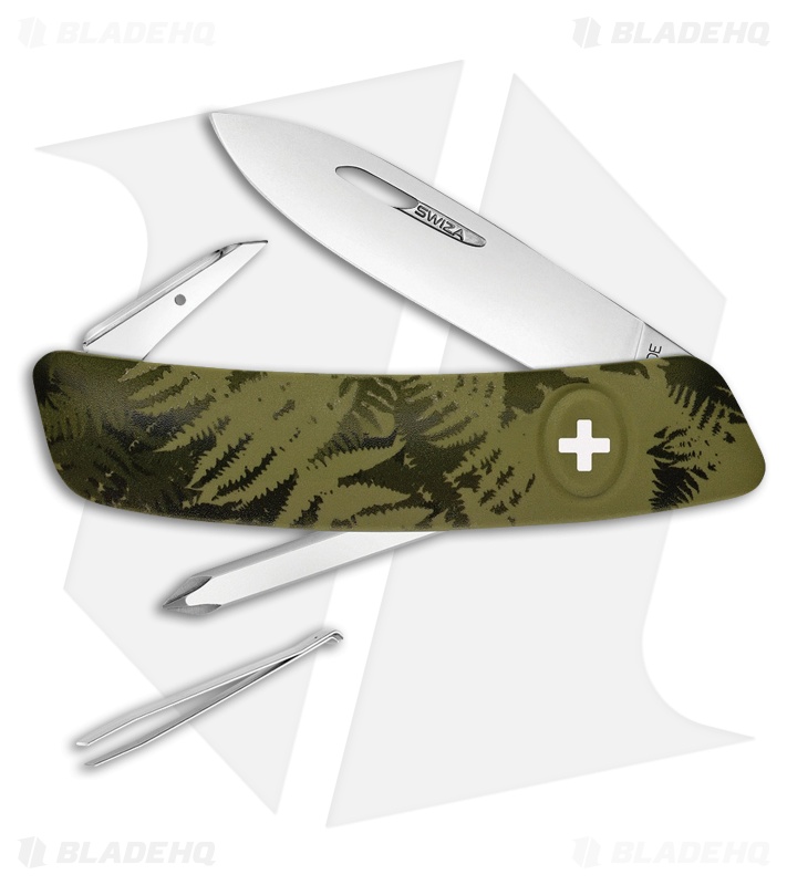 Swiza C02 Button Lock Swiss Pocket Knife Green Camo (2.75" Mirror) 