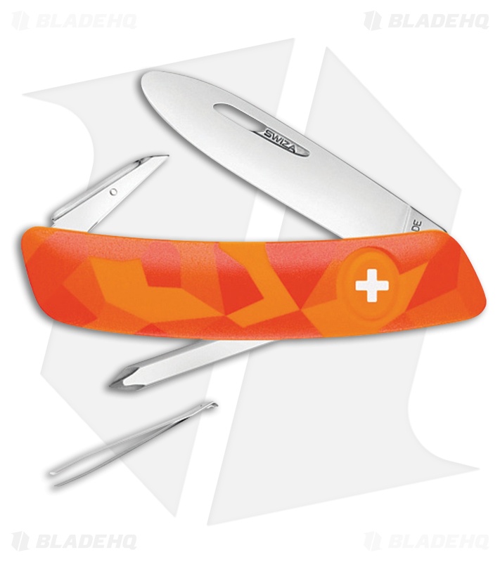Swiza J02 Junior Button Lock Swiss Pocket Knife Orange Camo (2.75" Satin)
