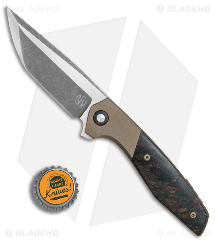 TuffKnives Custom Switch KM Flipper Knife Rag Micarta/Bronze Ti (3.5" Acid SW)