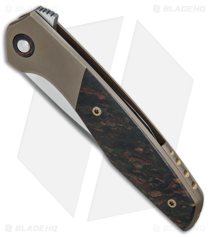 TuffKnives Custom Switch KM Flipper Knife Rag Micarta/Bronze Ti (3.5" Acid SW)