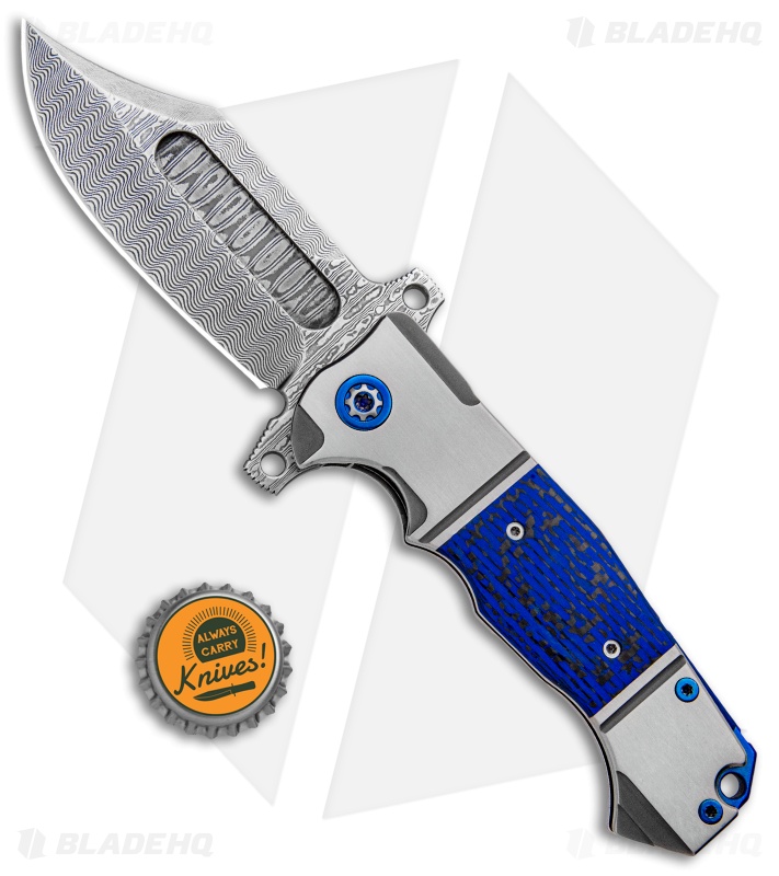 Andre de Villiers Custom Bowie Badlands Flipper Knife Blue CF  (4" Damascus)