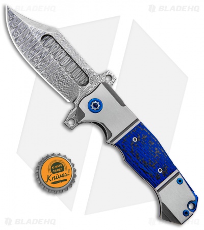 Andre de Villiers Custom Bowie Badlands Flipper Knife Blue CF  (4" Damascus)