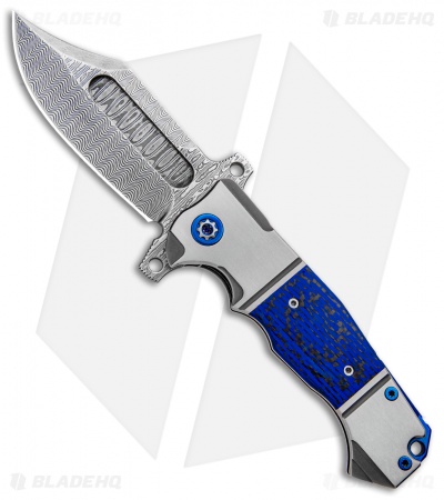 Andre de Villiers Custom Bowie Badlands Flipper Knife Blue CF  (4" Damascus)