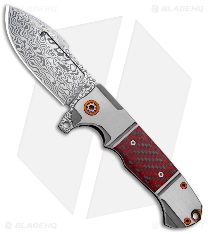 Andre de Villiers Harpoon Frame Lock Flipper Knife Red CF (3.9" Damascus)