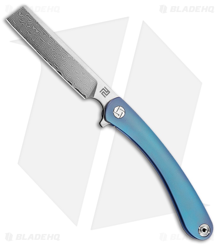 Artisan Cutlery Orthodox Frame Lock Knife Blue Titanium (3.75" Damascus)