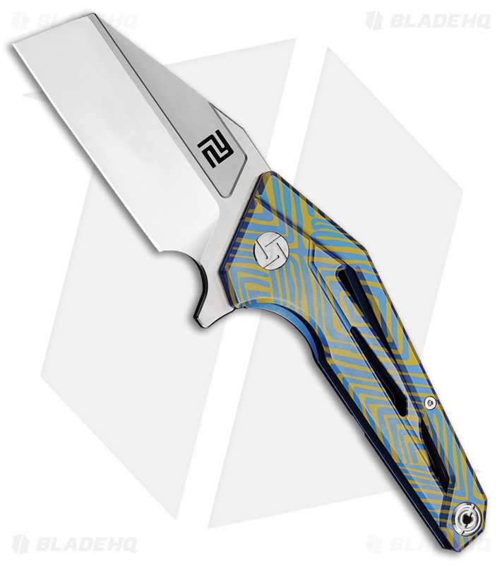 Artisan Cutlery Ravine Frame Lock Knife Blue/Gold Ti (3" Satin Bohler M390)