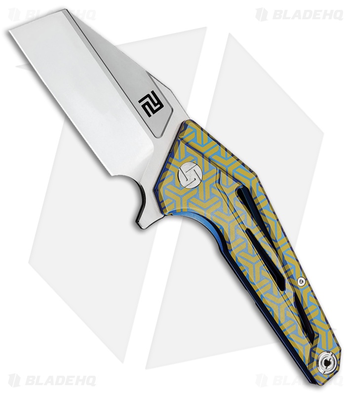 Artisan Cutlery Ravine Frame Lock Knife Gold/Blue Ti (3" Satin Bohler M390)