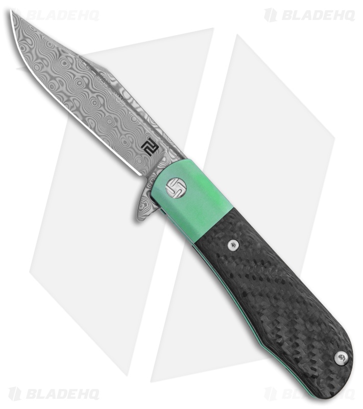 Artisan Cutlery Small Hyperion Bolster Lock Knife CF/Green Ti (3" Damascus)