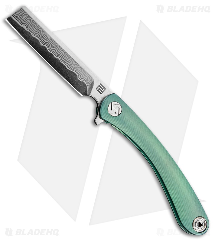 Artisan Cutlery Small Orthodox Frame Lock Knife Green Titanium (2.75" Damascus)