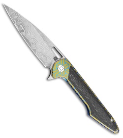 Artisan Cutlery Small Archaeo Frame Lock Flipper Knife Green/Blue (3" Damascus)