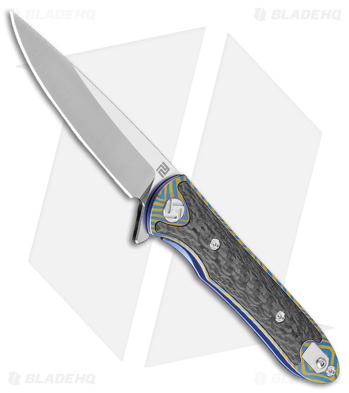 Artisan Cutlery Small Shark Liner Lock Knife Blue/Gold Carbon Fiber/Ti (3" SW)