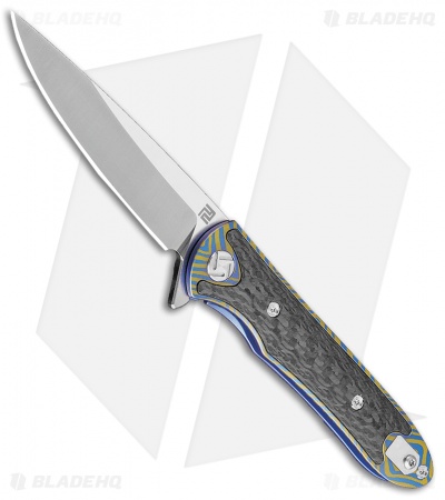 Artisan Cutlery Shark Liner Lock Knife Blue/Gold Carbon Fiber/Ti (4" Stonewash)