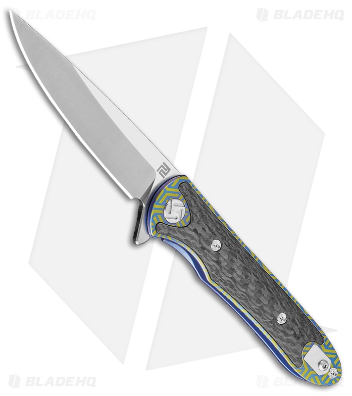 Artisan Cutlery Small Shark Liner Lock Knife Gold/Blue Carbon Fiber/Ti (3" SW)
