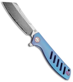 Artisan Cutlery Small Tomahawk Frame Lock Knife Blue Titanium (3" Damascus)