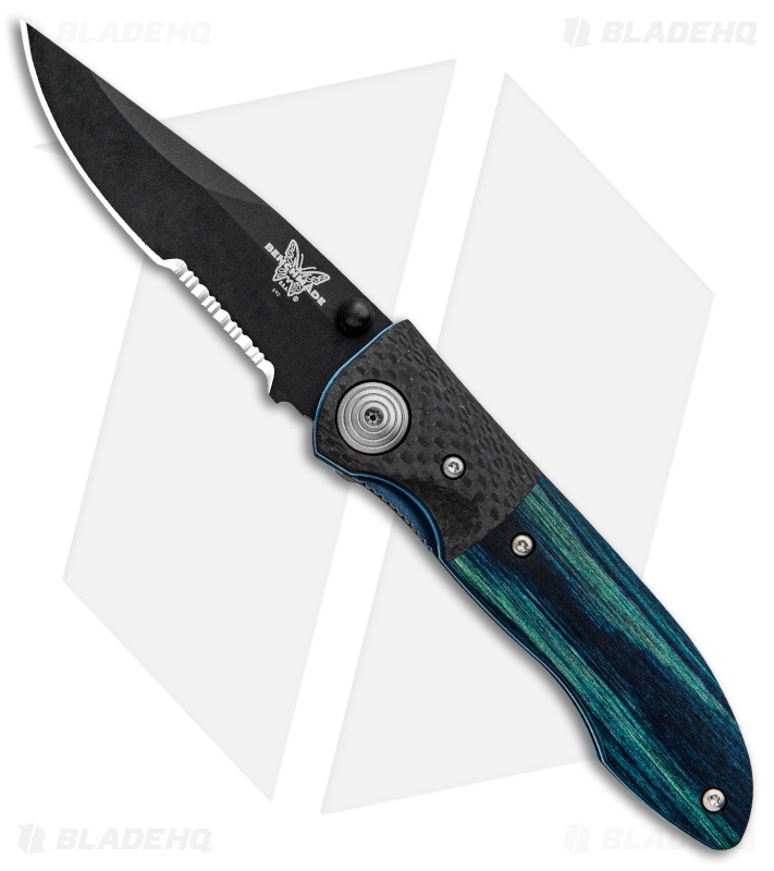 Vintage Benchmade 690 Liner Lock Knife Blue Wood/CF (3.625" Serr) 690SBTBLU