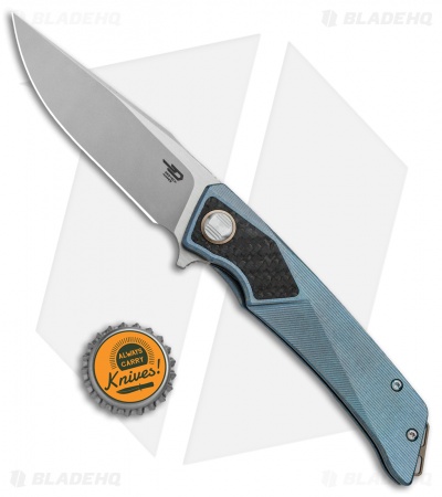 Bestech Knives Sky Hawk Frame Lock Flipper Knife Blue CF (3.6" Blasted)
