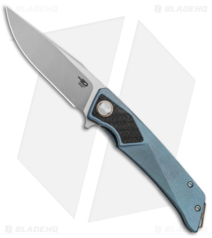 Bestech Knives Sky Hawk Frame Lock Flipper Knife Blue CF (3.6" Blasted)