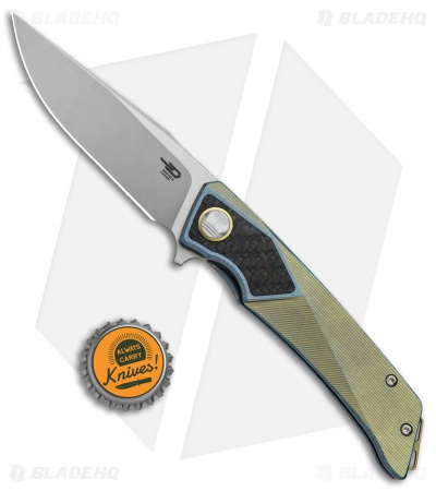 Bestech Knives Sky Hawk Frame Lock Flipper Knife Blue/Gold CF (3.6" Blasted)
