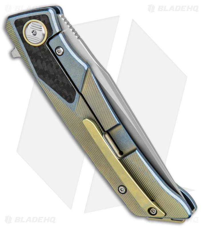 Bestech Knives Sky Hawk Frame Lock Flipper Knife Blue/Gold CF (3.6" Blasted)