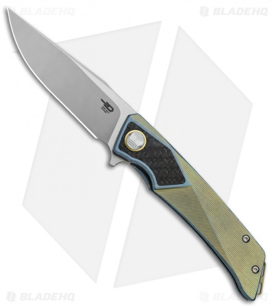 Bestech Knives Sky Hawk Frame Lock Flipper Knife Blue/Gold CF (3.6" Blasted)