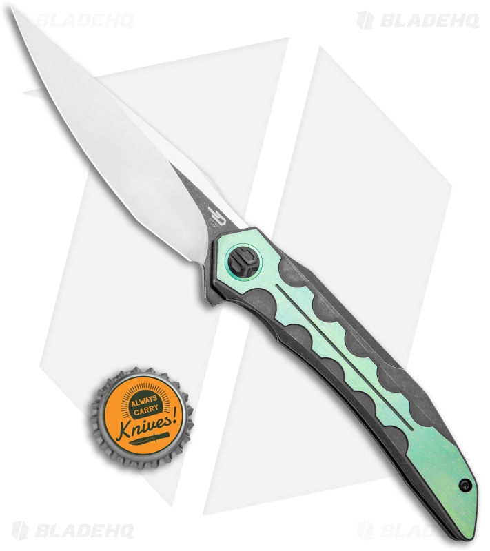 Bestech Knives Samari Frame Lock Knife Black SW/Green Ti (3.9" Satin M390)