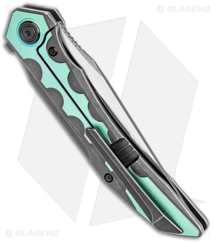 Bestech Knives Samari Frame Lock Knife Black SW/Green Ti (3.9" Satin M390)