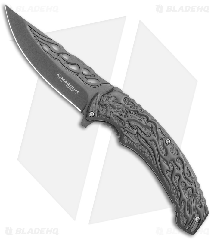 Boker Magnum Liner Lock Knife Gray Flaming Skull (3.74" Gray) 01MB733