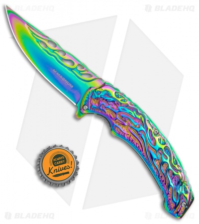 Boker Magnum Liner Lock Knife Rainbow Flaming Skull (3.74" Spectrum) 01MB734