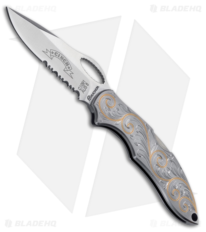 Boker Cinch Fastback III Pocket Knife 24k Gold Inlay (3.0" Serrated) 01CI091EG