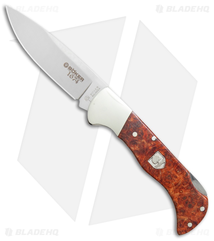Boker Folding Hunter 1674 Lockback Knife Amboina Root Wood (3" Satin) 113135
