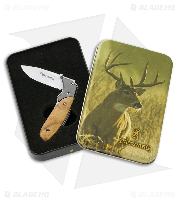 Browning Prime Time Liner Lock Knife Brown Burl Wood w/ Tin (2.5" Satin)