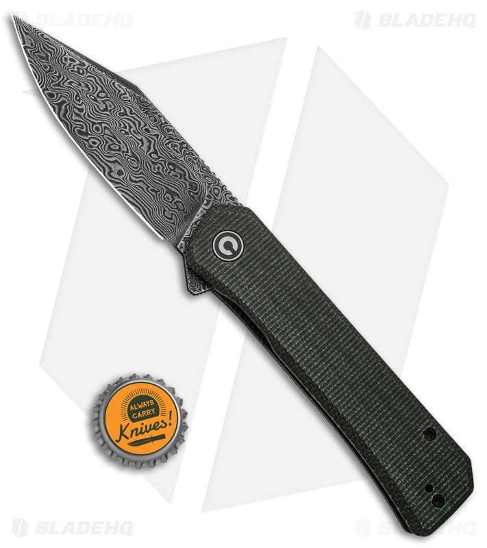 CIVIVI Relic Liner Lock Knife w/Tweezers Green Micarta (3.5" Damascus)