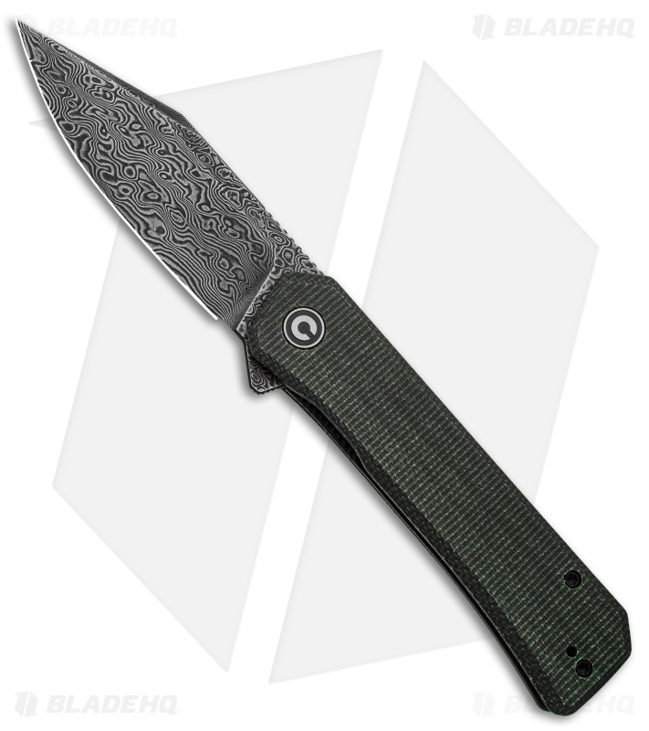 CIVIVI Relic Liner Lock Knife w/Tweezers Green Micarta (3.5" Damascus)