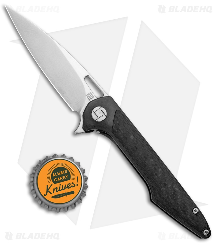 Artisan Cutlery Small Archaeo Frame Lock Flipper Knife Black Ti/CF (3" Damascus)