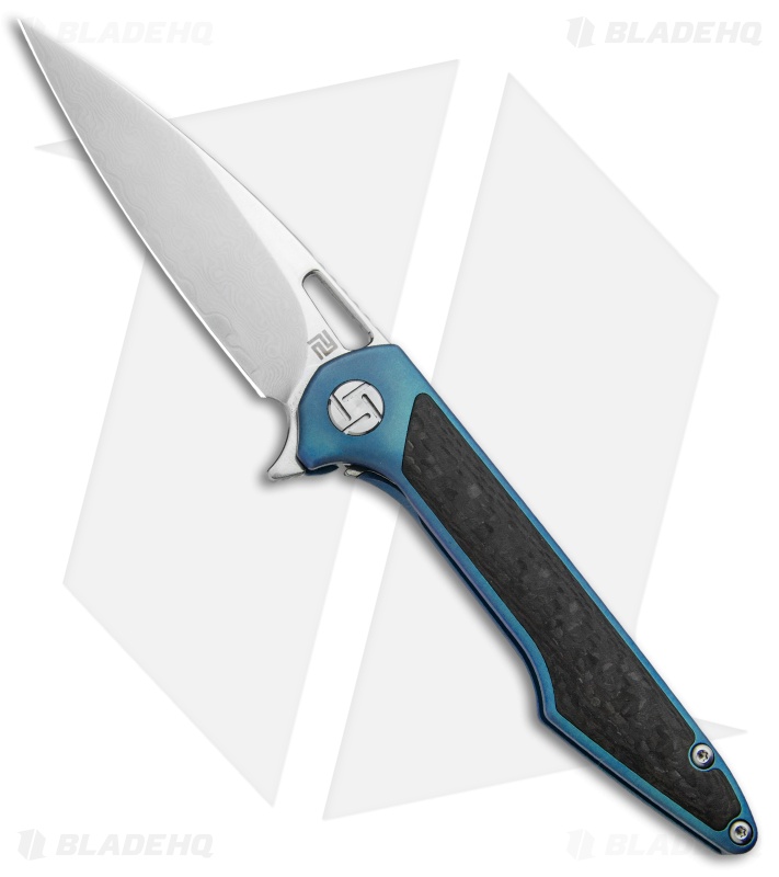 Artisan Cutlery Small Archaeo Frame Lock Flipper Knife Blue Ti/CF (3" Damascus)
