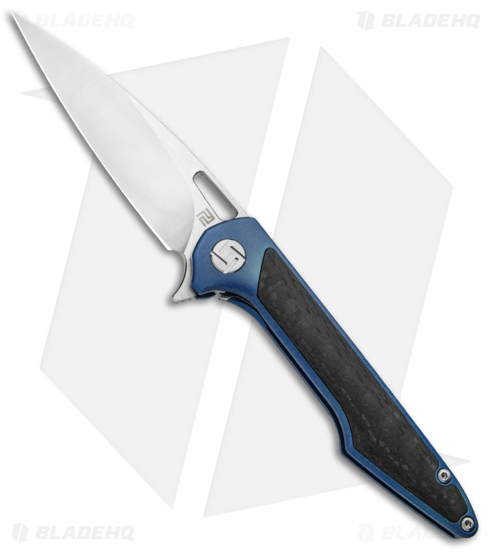 Artisan Cutlery Small Archaeo Frame Lock Flipper Knife Blue Ti/CF (3" Satin)