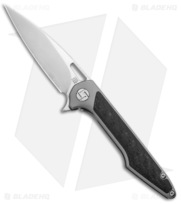 Artisan Cutlery Small Archaeo Frame Lock Flipper Knife Gray Ti/CF (3" Damascus)