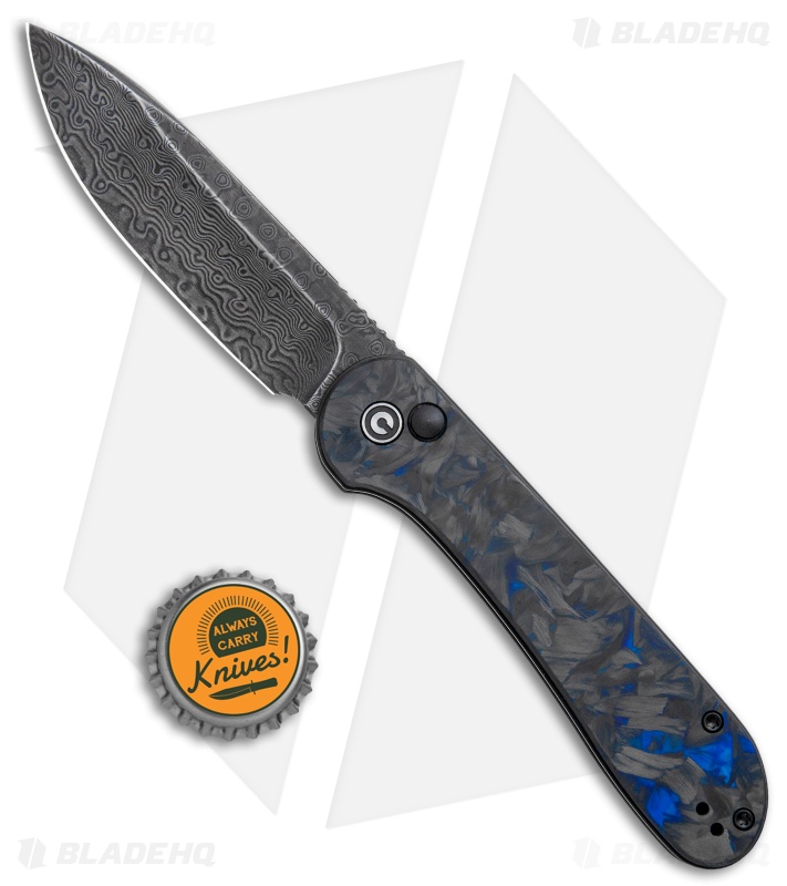 CIVIVI Elementum Button Lock Knife Blue/Black Shred CF (3.5" Damascus) 