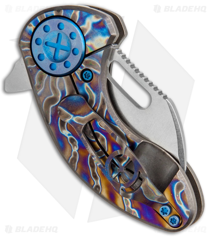 Curtiss Custom Custom Nano Flipper Knife Flamed Ti w/Blue Ano (2" Stonewash)