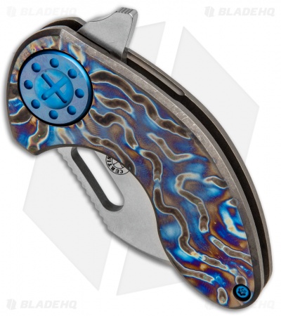 Curtiss Custom Custom Nano Flipper Knife Flamed Ti w/Blue Ano (2" Stonewash)