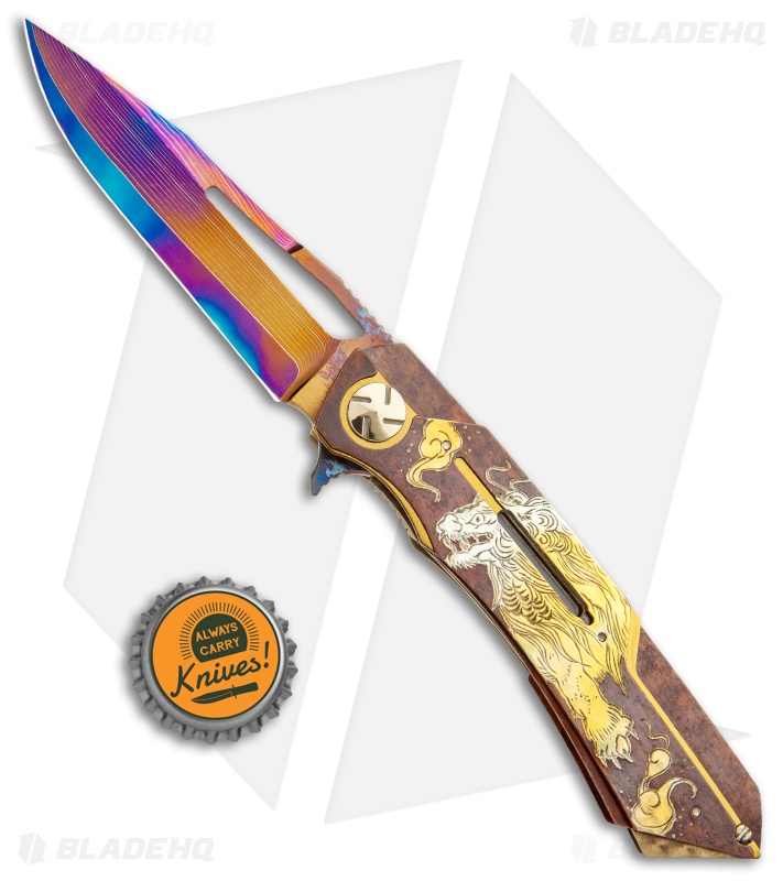 Dew Hara Custom Mina Liner Lock Knife Hand Engraved Karajishi (3.5" Aurora)
