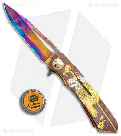 Dew Hara Custom Mina Liner Lock Knife Hand Engraved Karajishi (3.5" Aurora)