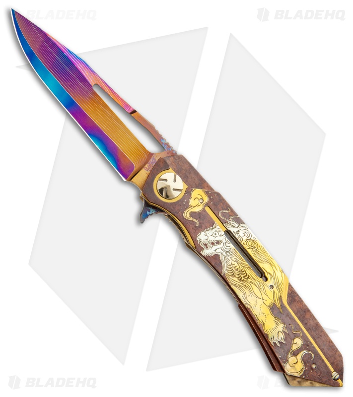 Dew Hara Custom Mina Liner Lock Knife Hand Engraved Karajishi (3.5" Aurora)