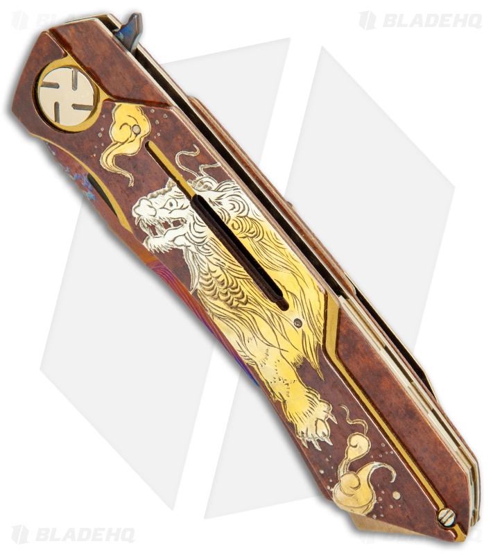 Dew Hara Custom Mina Liner Lock Knife Hand Engraved Karajishi (3.5" Aurora)