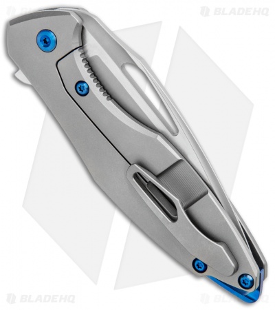 Koenig Arius Frame Lock Knife Bead Blast Titanium w/LP Blue (3.5" SW, Satin)